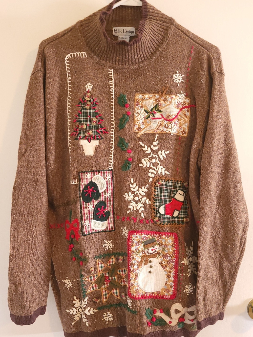 BP Design B.P. Mock Neck Wool Blend Christmas Holiday Patchwork Sweater Brown XL
